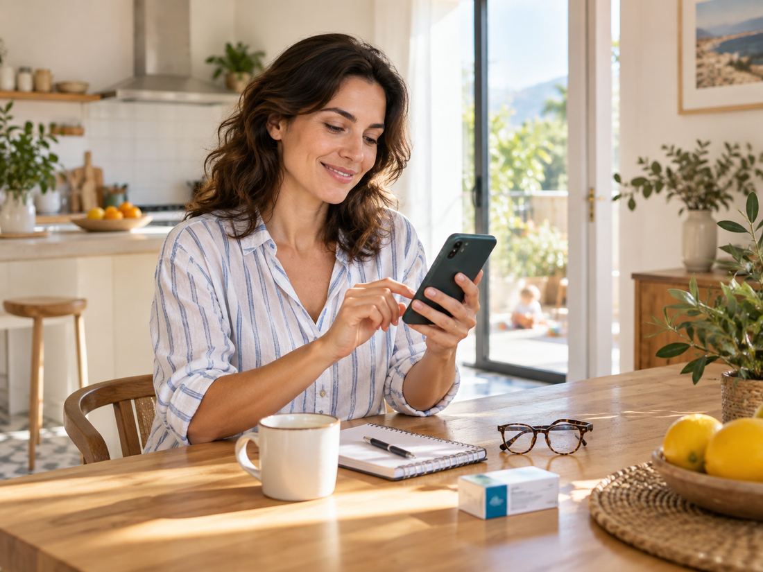 Donna sorridente che usa lo smartphone in cucina